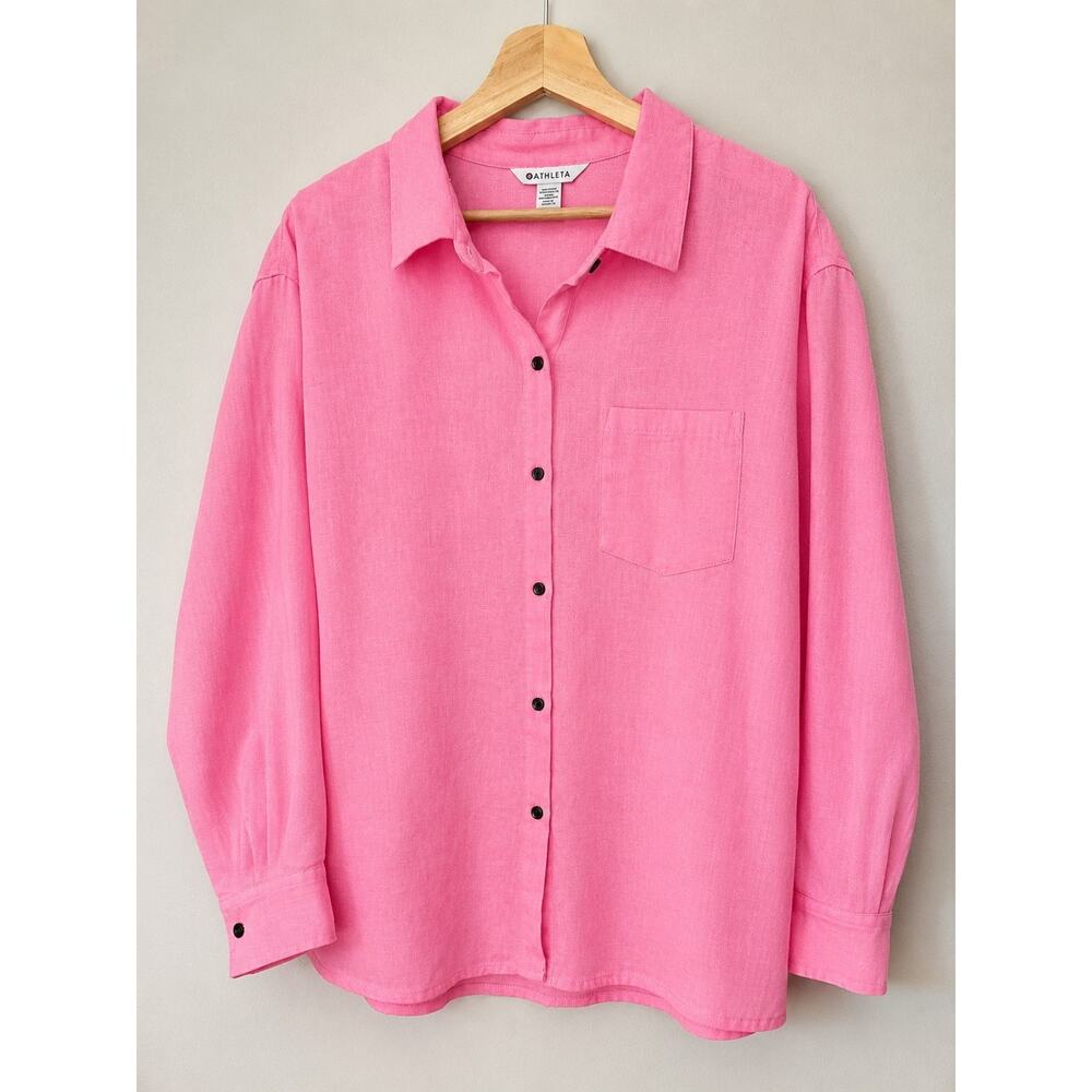 New Athleta XL Retreat European Linen Calla Lily Shirt Pink Airy Button Blouse